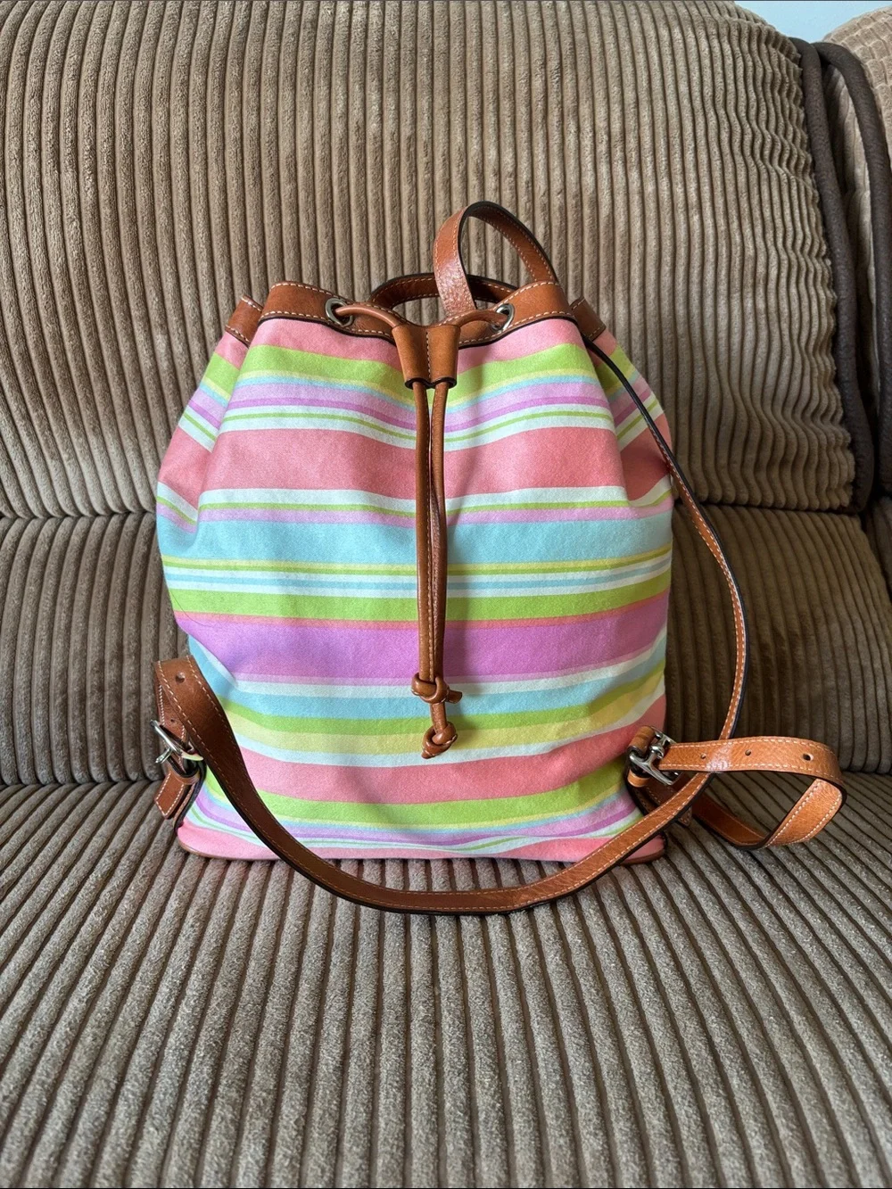 Coach Pink, Green & Blue Striped Canvas Bucket backpack